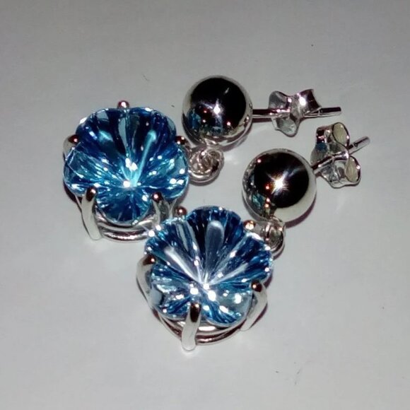 Stunning Flower Carved Natural Sky Topaz In Sterling Silver Stud Dangle Earrings - Picture 4 of 10